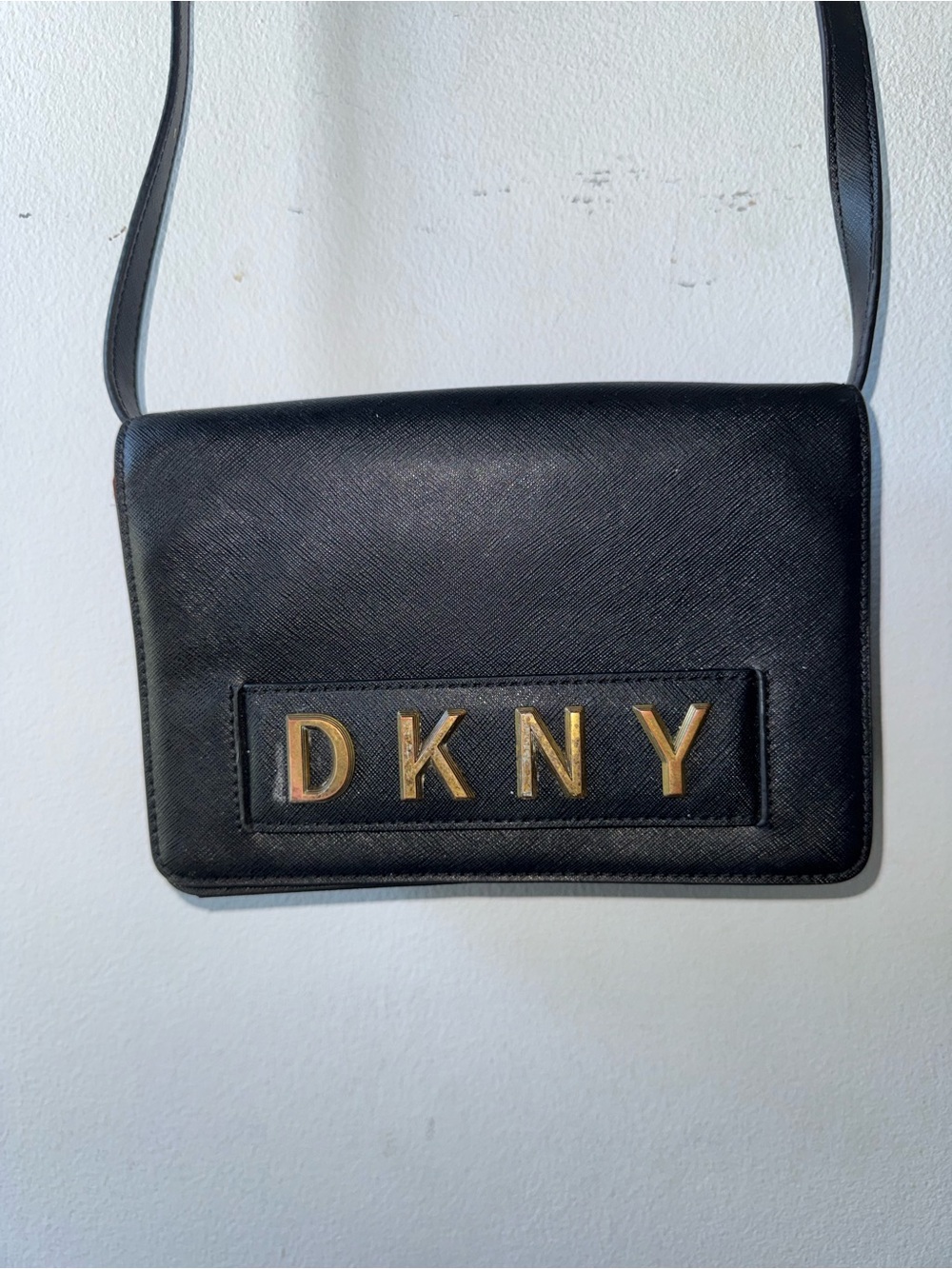 DKNY Black Leather Crossbody with Gold Lettering